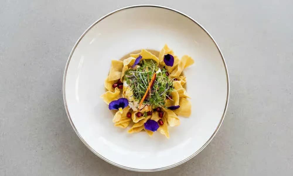 Burrata Chaat presented on a white plate.