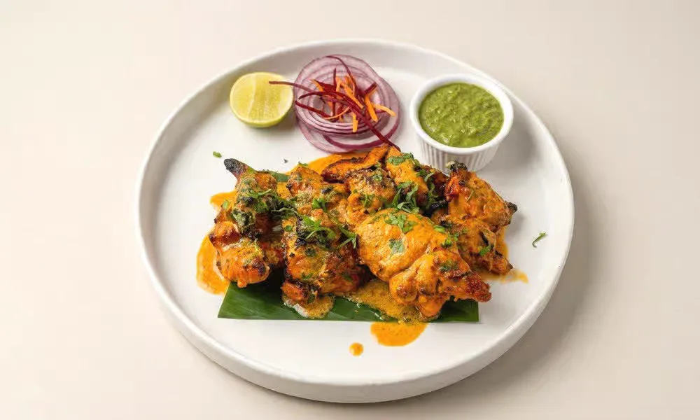 Classic Chicken Tikka served with onion, lemon, and green chutney.