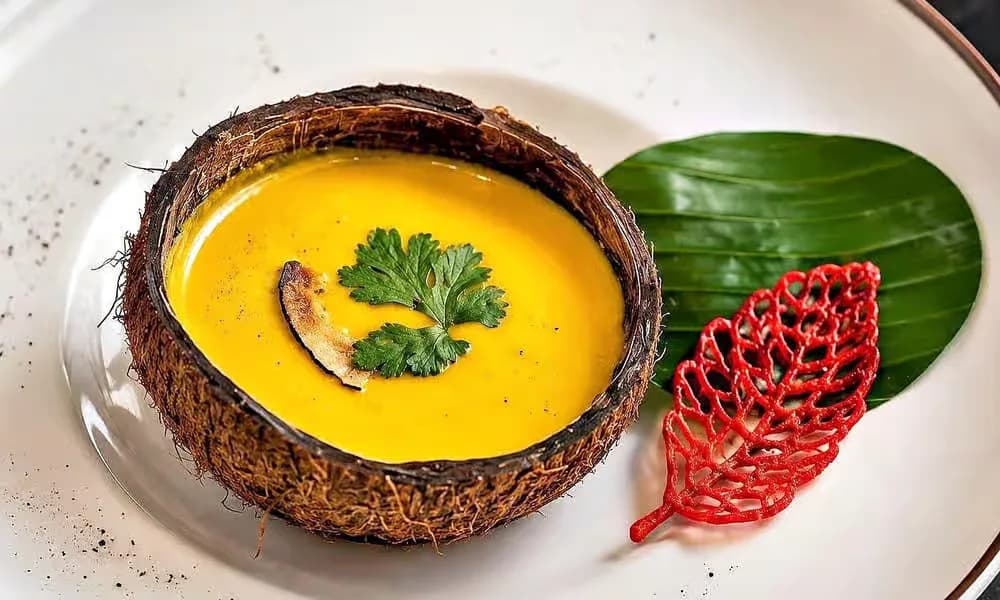 Coconut Carrot Soup served in a natural coconut vessel.