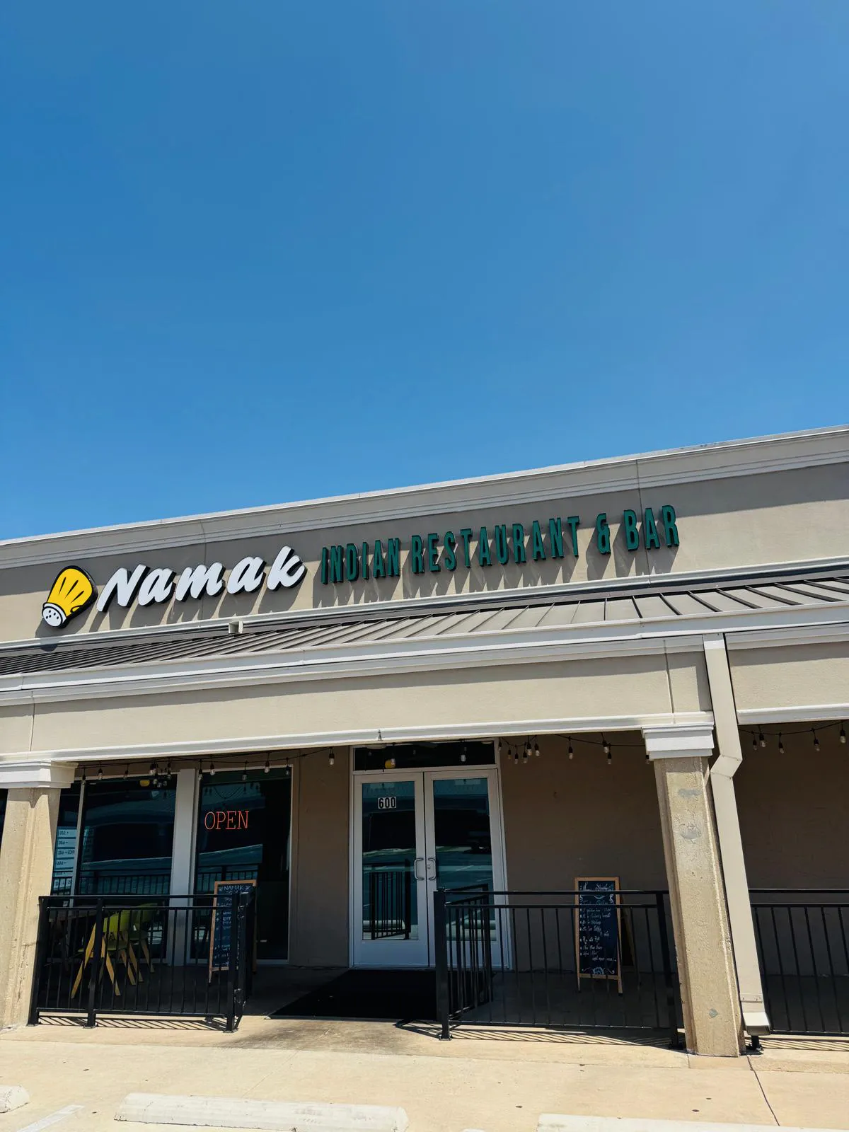 Namak Indian Restaurant & Bar entrance and signage on Greenville Avenue in Dallas.
